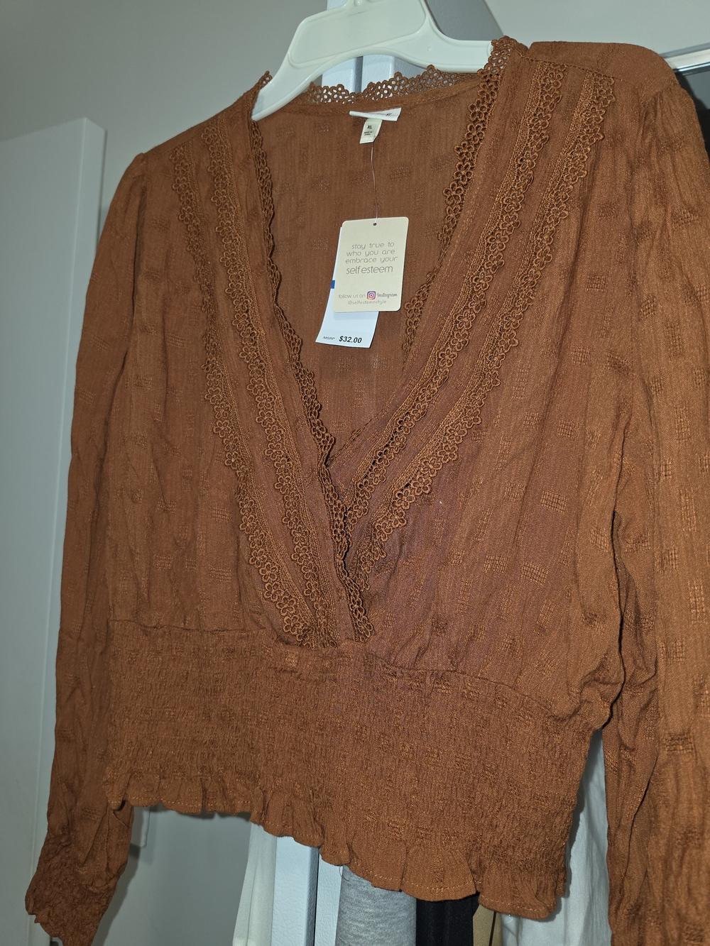 Women's Rust Lace-Trim V-Neck Blouse
